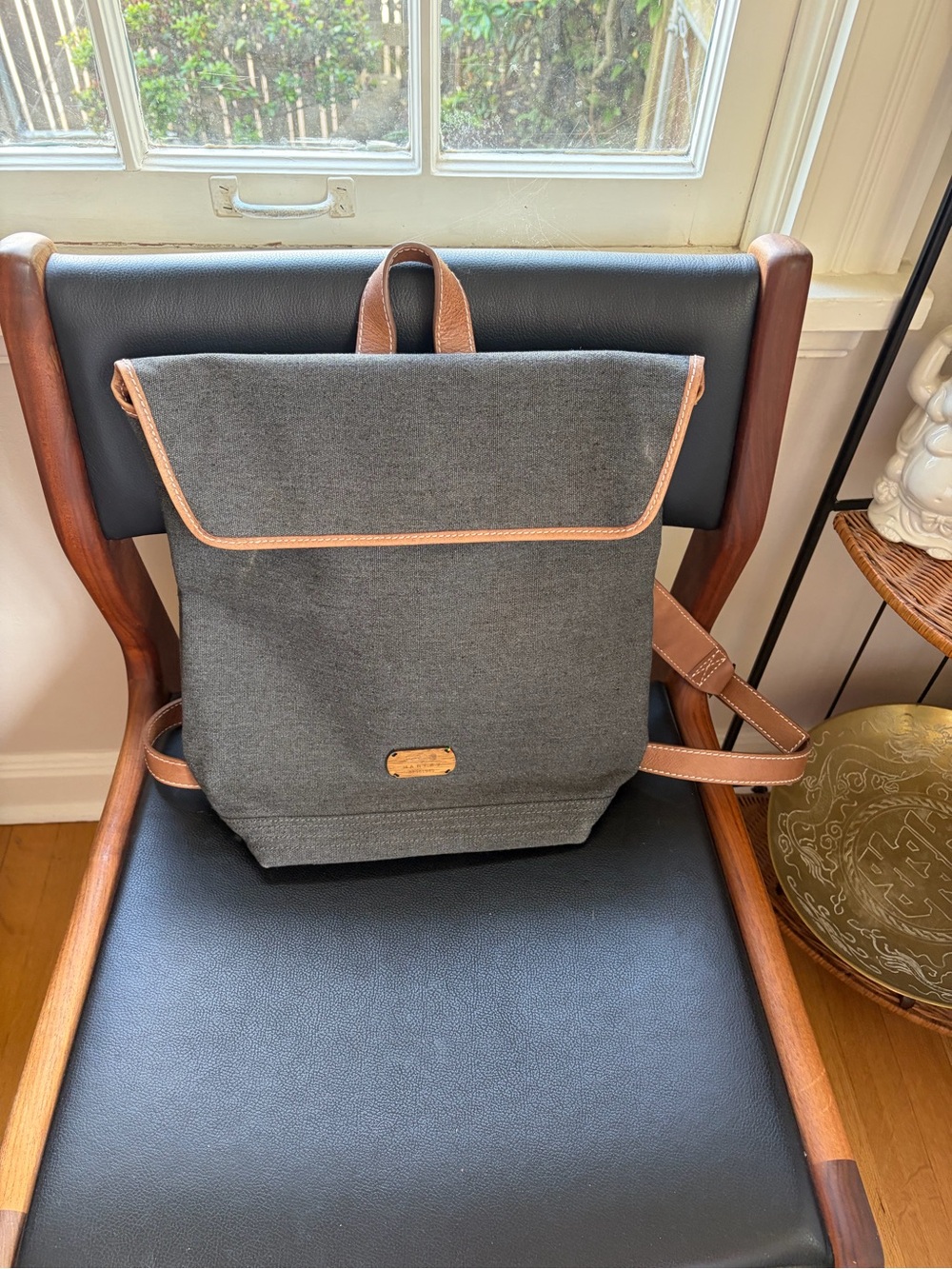 Roll-Top Canvas Backpack with Leather Trim - Gray and Tan